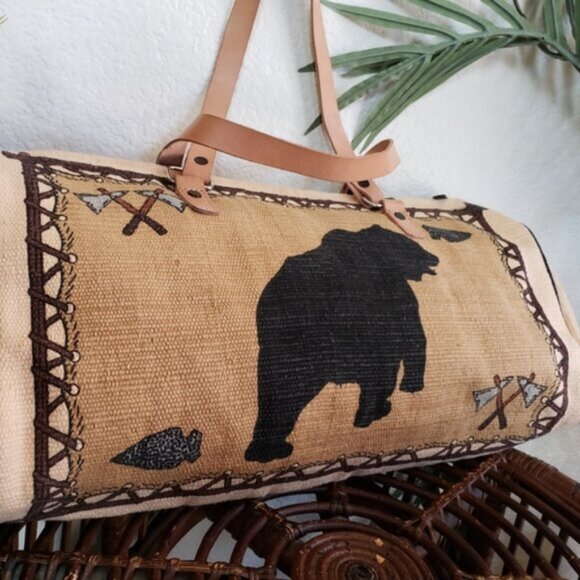NWOT Western Boho Canvas Leather Large Bag Duffle - Picture 5 of 13